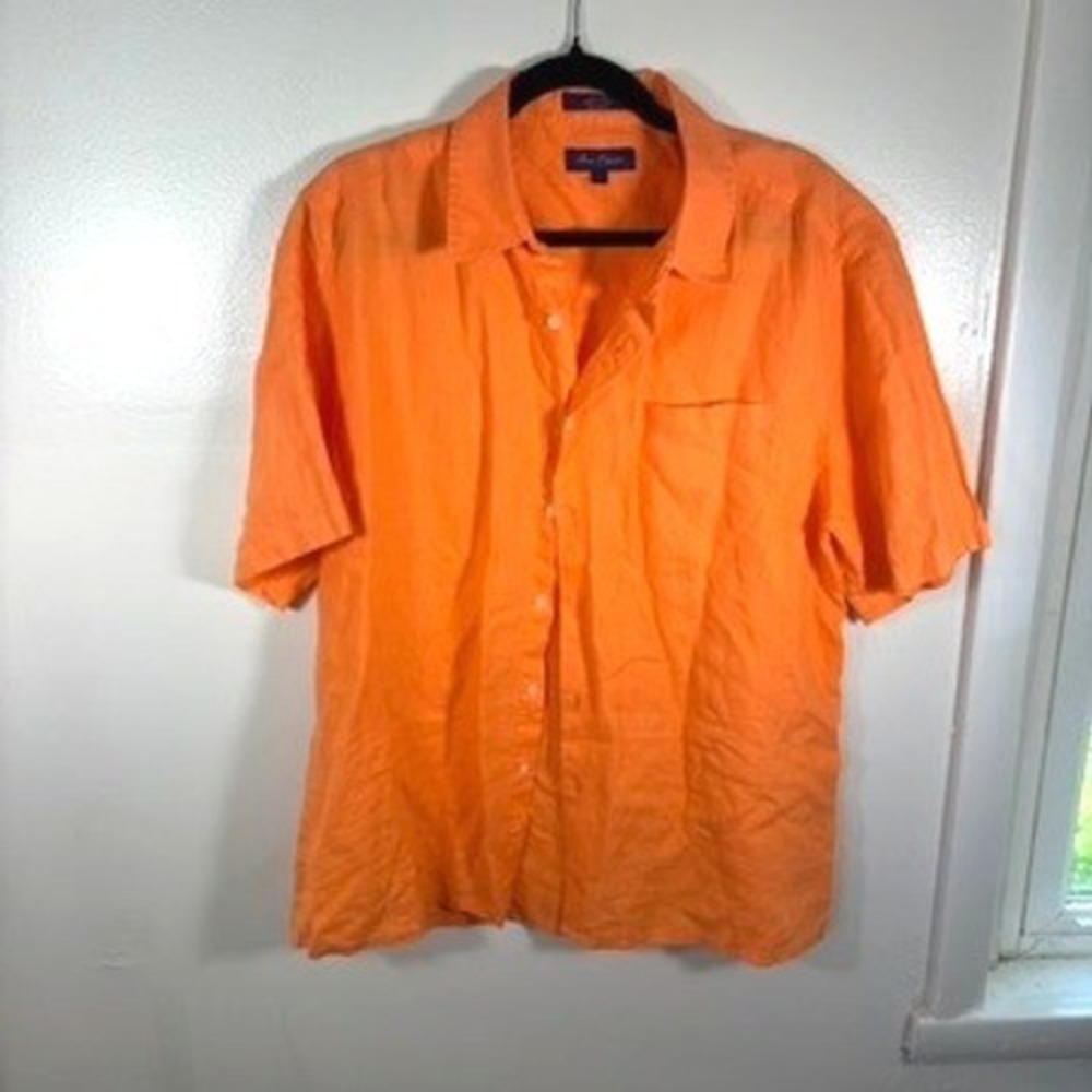 Alan Flusser‎ Button Down Shirt Mens Sz L Orange 100% Linen Short Sleeve Summer